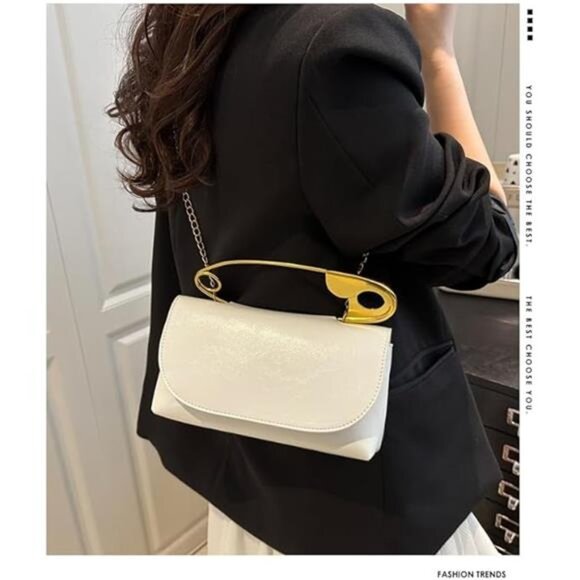 Safety Pin Purse | Unique Black Faux Leather Clutch & Crossbody with Gold Chain - Picture 2 of 5